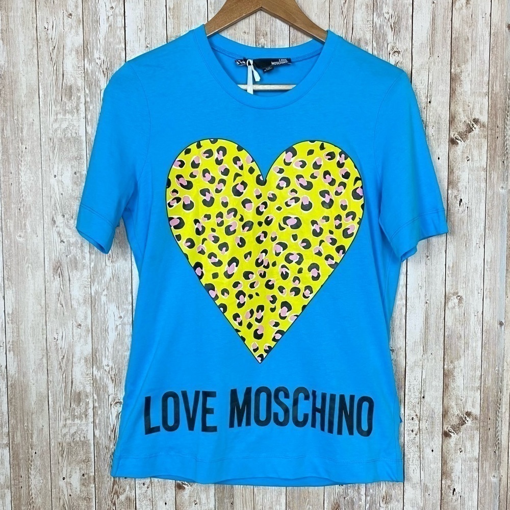 Love Moschino Leopard Animal Print Heart Short Sleeve Tee Size 4 Women